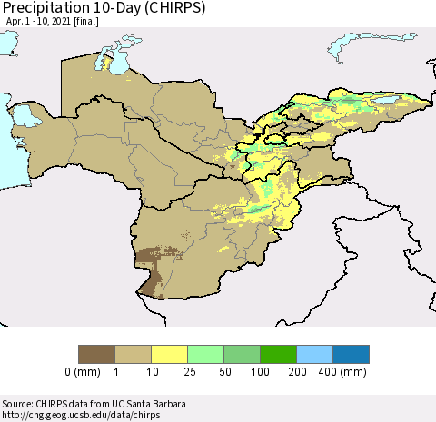 Central Asia Precipitation 10-Day (CHIRPS) Thematic Map For 4/1/2021 - 4/10/2021