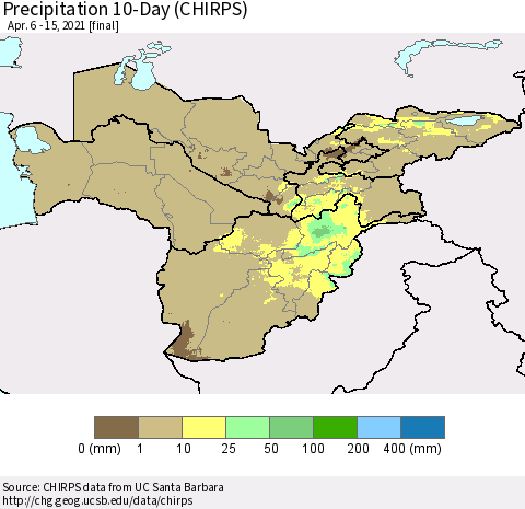 Central Asia Precipitation 10-Day (CHIRPS) Thematic Map For 4/6/2021 - 4/15/2021
