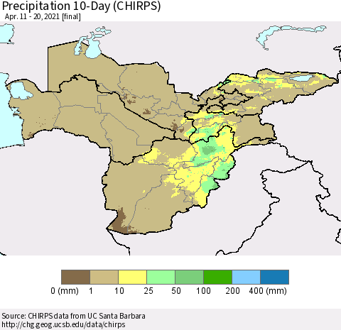 Central Asia Precipitation 10-Day (CHIRPS) Thematic Map For 4/11/2021 - 4/20/2021