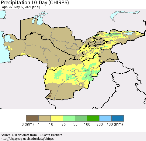 Central Asia Precipitation 10-Day (CHIRPS) Thematic Map For 4/26/2021 - 5/5/2021