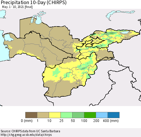Central Asia Precipitation 10-Day (CHIRPS) Thematic Map For 5/1/2021 - 5/10/2021