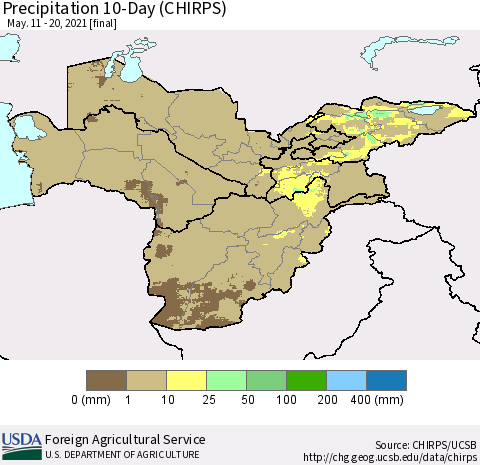 Central Asia Precipitation 10-Day (CHIRPS) Thematic Map For 5/11/2021 - 5/20/2021