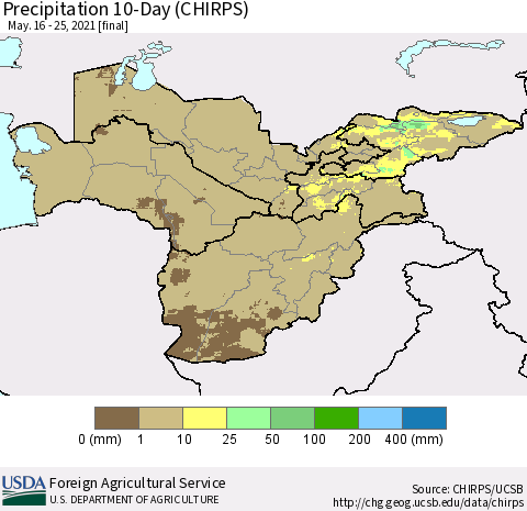 Central Asia Precipitation 10-Day (CHIRPS) Thematic Map For 5/16/2021 - 5/25/2021