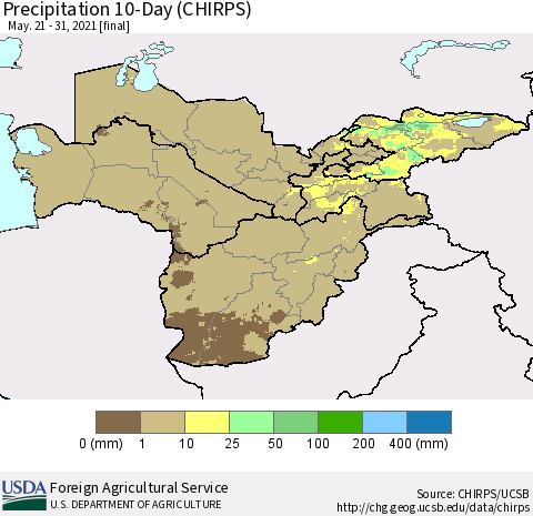 Central Asia Precipitation 10-Day (CHIRPS) Thematic Map For 5/21/2021 - 5/31/2021