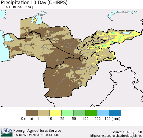 Central Asia Precipitation 10-Day (CHIRPS) Thematic Map For 6/1/2021 - 6/10/2021