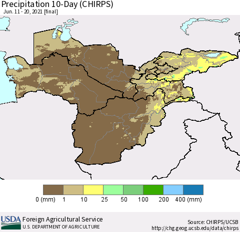 Central Asia Precipitation 10-Day (CHIRPS) Thematic Map For 6/11/2021 - 6/20/2021