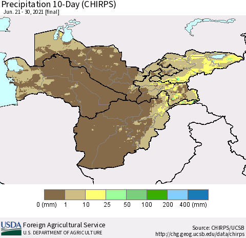 Central Asia Precipitation 10-Day (CHIRPS) Thematic Map For 6/21/2021 - 6/30/2021