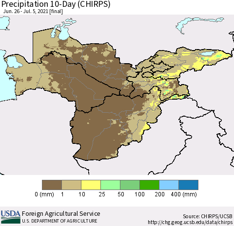 Central Asia Precipitation 10-Day (CHIRPS) Thematic Map For 6/26/2021 - 7/5/2021