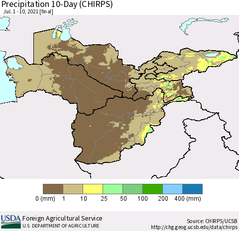 Central Asia Precipitation 10-Day (CHIRPS) Thematic Map For 7/1/2021 - 7/10/2021