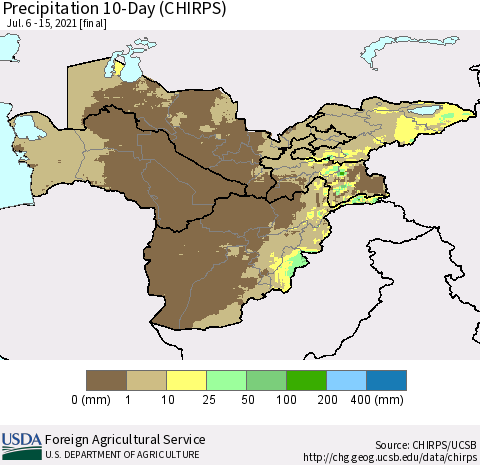 Central Asia Precipitation 10-Day (CHIRPS) Thematic Map For 7/6/2021 - 7/15/2021
