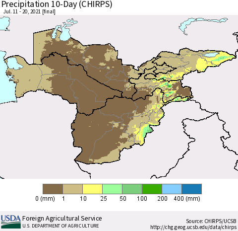 Central Asia Precipitation 10-Day (CHIRPS) Thematic Map For 7/11/2021 - 7/20/2021