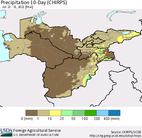 Central Asia Precipitation 10-Day (CHIRPS) Thematic Map For 7/21/2021 - 7/31/2021