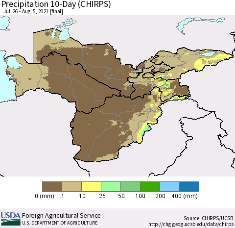 Central Asia Precipitation 10-Day (CHIRPS) Thematic Map For 7/26/2021 - 8/5/2021