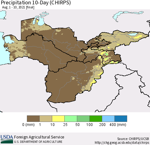 Central Asia Precipitation 10-Day (CHIRPS) Thematic Map For 8/1/2021 - 8/10/2021