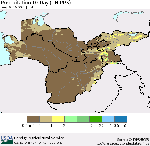Central Asia Precipitation 10-Day (CHIRPS) Thematic Map For 8/6/2021 - 8/15/2021