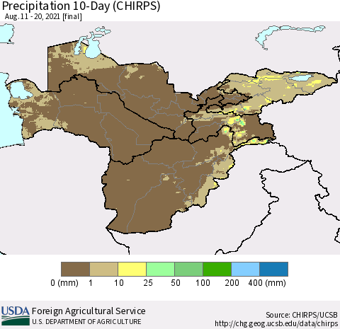 Central Asia Precipitation 10-Day (CHIRPS) Thematic Map For 8/11/2021 - 8/20/2021