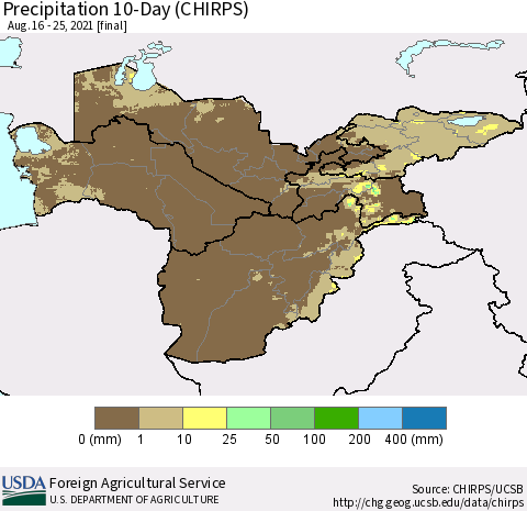 Central Asia Precipitation 10-Day (CHIRPS) Thematic Map For 8/16/2021 - 8/25/2021