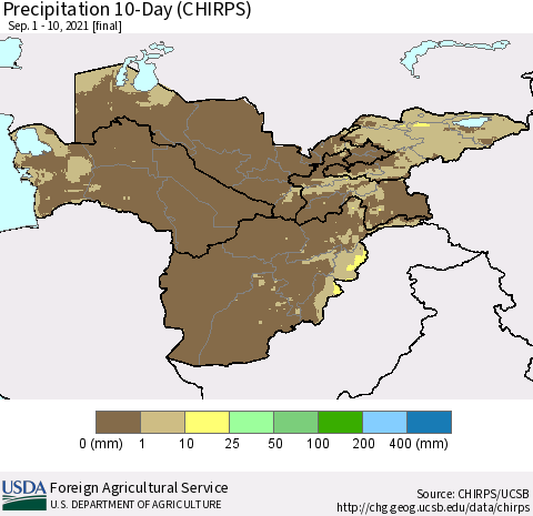 Central Asia Precipitation 10-Day (CHIRPS) Thematic Map For 9/1/2021 - 9/10/2021