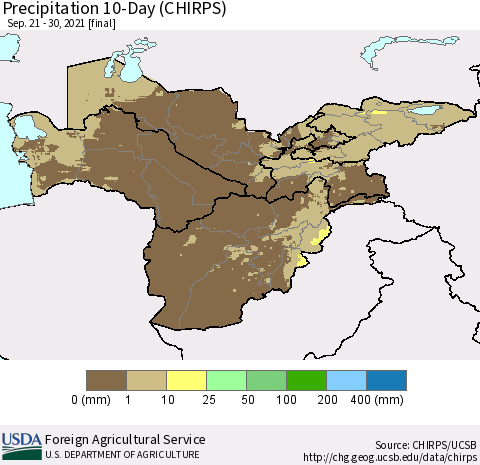 Central Asia Precipitation 10-Day (CHIRPS) Thematic Map For 9/21/2021 - 9/30/2021