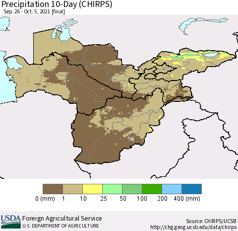 Central Asia Precipitation 10-Day (CHIRPS) Thematic Map For 9/26/2021 - 10/5/2021