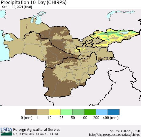 Central Asia Precipitation 10-Day (CHIRPS) Thematic Map For 10/1/2021 - 10/10/2021