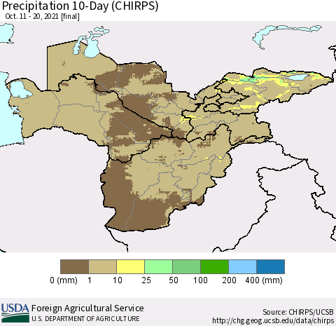 Central Asia Precipitation 10-Day (CHIRPS) Thematic Map For 10/11/2021 - 10/20/2021