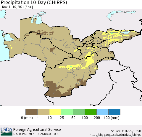 Central Asia Precipitation 10-Day (CHIRPS) Thematic Map For 11/1/2021 - 11/10/2021