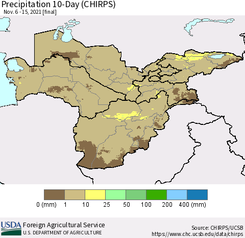 Central Asia Precipitation 10-Day (CHIRPS) Thematic Map For 11/6/2021 - 11/15/2021