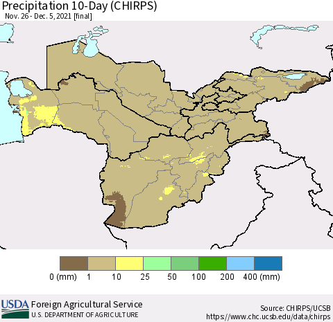 Central Asia Precipitation 10-Day (CHIRPS) Thematic Map For 11/26/2021 - 12/5/2021