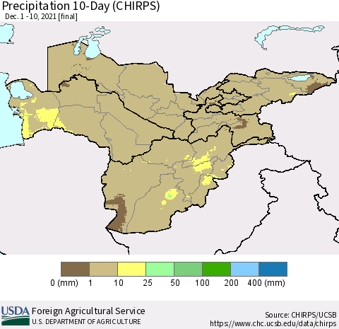 Central Asia Precipitation 10-Day (CHIRPS) Thematic Map For 12/1/2021 - 12/10/2021