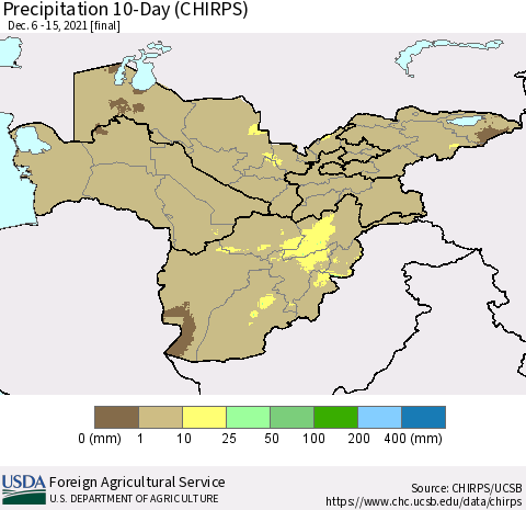 Central Asia Precipitation 10-Day (CHIRPS) Thematic Map For 12/6/2021 - 12/15/2021