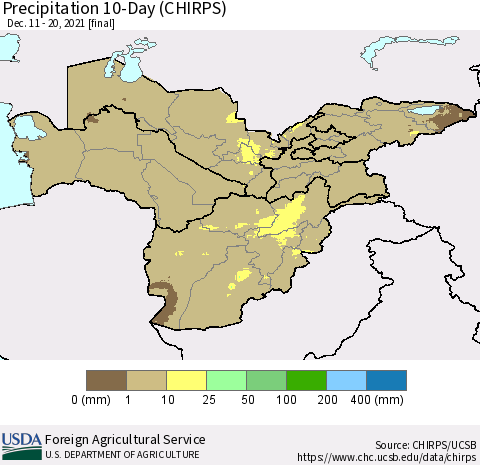 Central Asia Precipitation 10-Day (CHIRPS) Thematic Map For 12/11/2021 - 12/20/2021