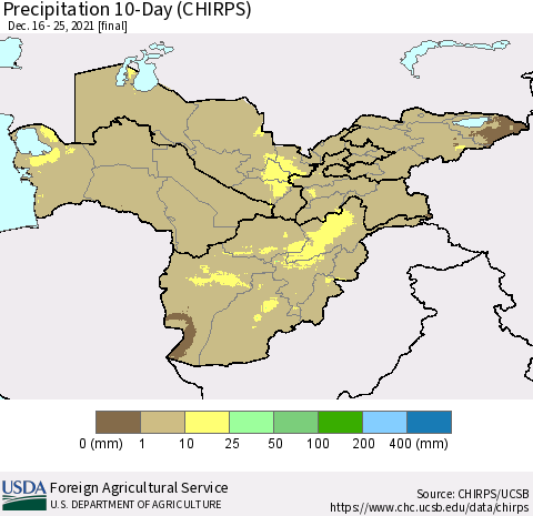 Central Asia Precipitation 10-Day (CHIRPS) Thematic Map For 12/16/2021 - 12/25/2021