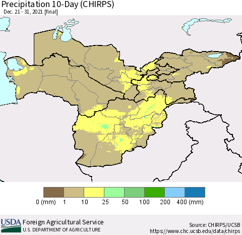 Central Asia Precipitation 10-Day (CHIRPS) Thematic Map For 12/21/2021 - 12/31/2021