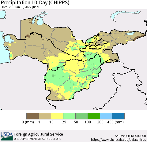 Central Asia Precipitation 10-Day (CHIRPS) Thematic Map For 12/26/2021 - 1/5/2022