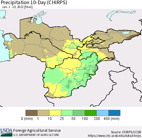 Central Asia Precipitation 10-Day (CHIRPS) Thematic Map For 1/1/2022 - 1/10/2022