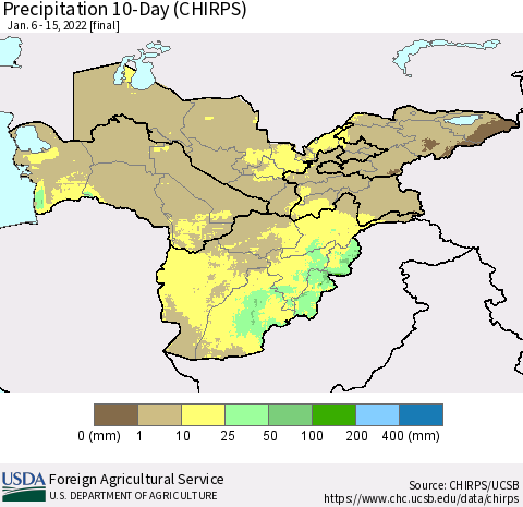 Central Asia Precipitation 10-Day (CHIRPS) Thematic Map For 1/6/2022 - 1/15/2022