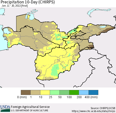 Central Asia Precipitation 10-Day (CHIRPS) Thematic Map For 1/11/2022 - 1/20/2022