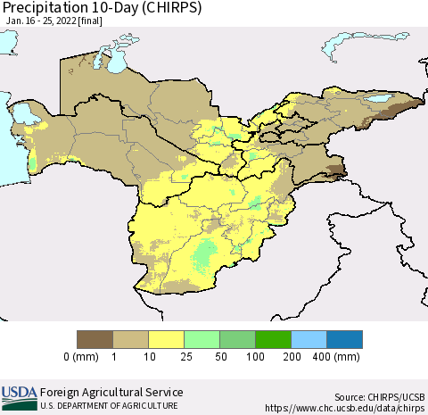 Central Asia Precipitation 10-Day (CHIRPS) Thematic Map For 1/16/2022 - 1/25/2022