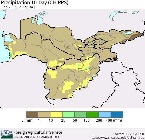 Central Asia Precipitation 10-Day (CHIRPS) Thematic Map For 1/21/2022 - 1/31/2022