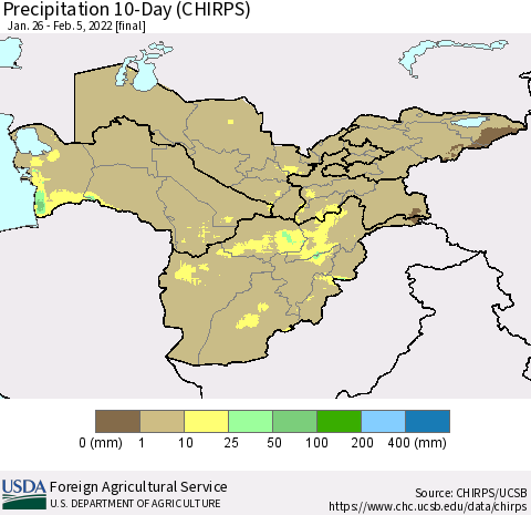 Central Asia Precipitation 10-Day (CHIRPS) Thematic Map For 1/26/2022 - 2/5/2022