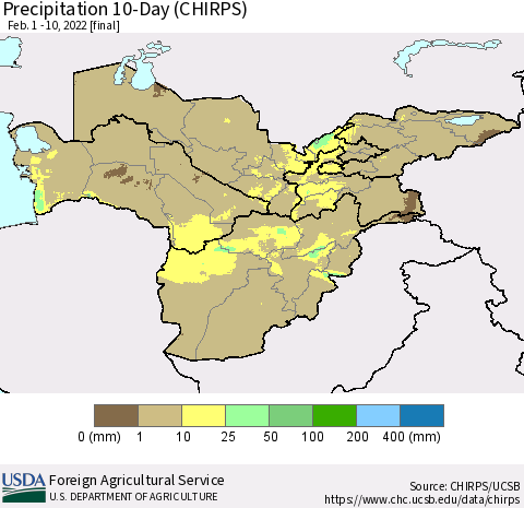 Central Asia Precipitation 10-Day (CHIRPS) Thematic Map For 2/1/2022 - 2/10/2022