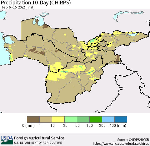 Central Asia Precipitation 10-Day (CHIRPS) Thematic Map For 2/6/2022 - 2/15/2022
