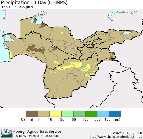 Central Asia Precipitation 10-Day (CHIRPS) Thematic Map For 2/11/2022 - 2/20/2022