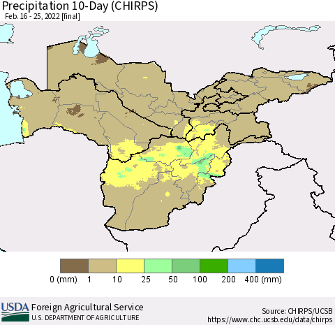 Central Asia Precipitation 10-Day (CHIRPS) Thematic Map For 2/16/2022 - 2/25/2022