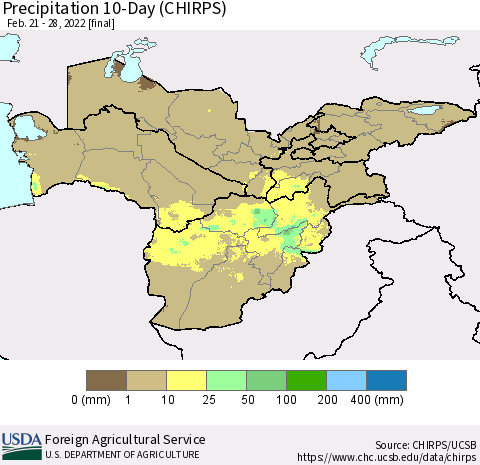 Central Asia Precipitation 10-Day (CHIRPS) Thematic Map For 2/21/2022 - 2/28/2022