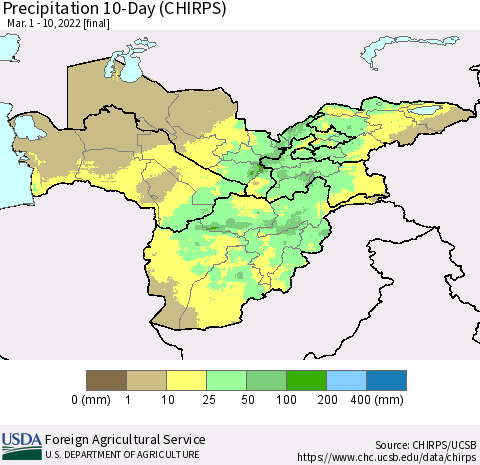 Central Asia Precipitation 10-Day (CHIRPS) Thematic Map For 3/1/2022 - 3/10/2022