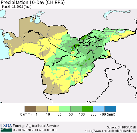 Central Asia Precipitation 10-Day (CHIRPS) Thematic Map For 3/6/2022 - 3/15/2022
