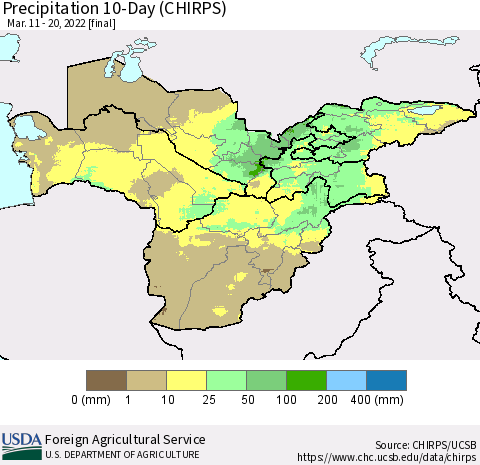 Central Asia Precipitation 10-Day (CHIRPS) Thematic Map For 3/11/2022 - 3/20/2022
