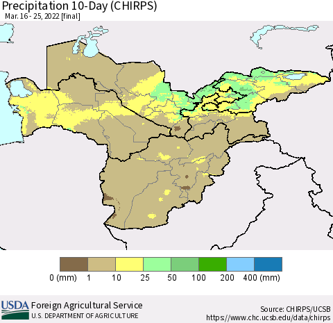 Central Asia Precipitation 10-Day (CHIRPS) Thematic Map For 3/16/2022 - 3/25/2022
